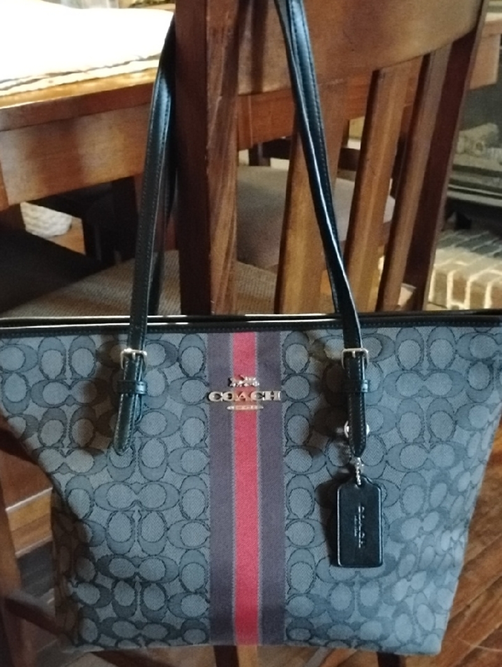 Coach Tote with Black, Gray and Red Stripe